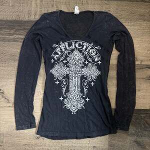 Affliction Women's Y2K Long Sleeve V-Neck Rhinestone Cross and Mesh Back